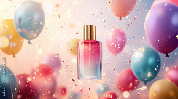 Fototapeta Perfume bottle floats in air. Colorful balloons and confetti surround a glass container with gold top AI generative