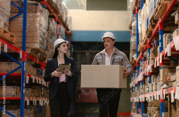 Obraz Distribution warehouse manager and client businesswoman using digital tablet checking inventory storage on shelf. Storehouse supervisor worker and logistic engineer standing together at storage room.
