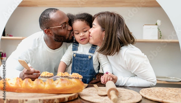 Fototapeta Smiling biracial child and family have fun together cooking. Portrait of father and Asian mother happy leisure playing with cheerful multiracial daughter in kitchen. Kid enjoying childhood laughing.