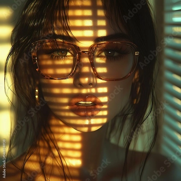 Obraz A close-up portrait of a woman with oversized glasses and dramatic lighting creating shadow patterns. Beautiful, artistic, and trendy.