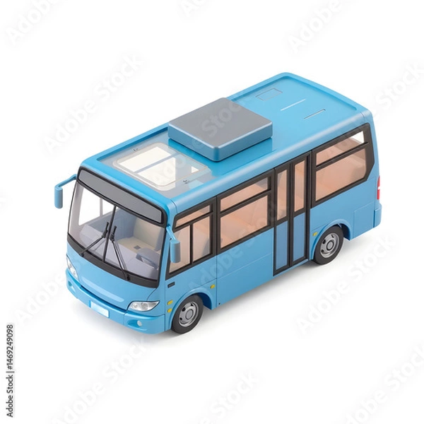 Fototapeta Light blue mini bus isolated on white background waiting for passengers