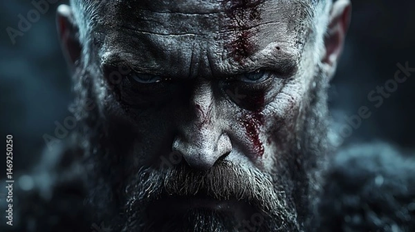 Obraz Intense close-up of a fierce warrior's face with scars and a rugged beard, exuding strength and determination.