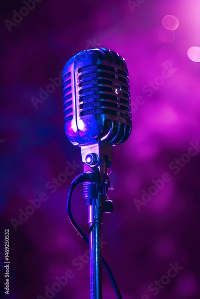 Fototapeta close-up of a microphone on a purple background