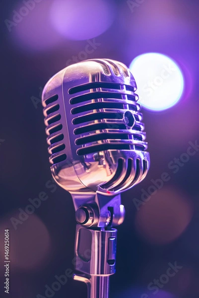 Fototapeta close-up of a microphone on a purple background