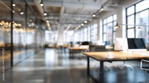 Fototapeta Blurred Background of a Modern Office Interior with Soft Lighting