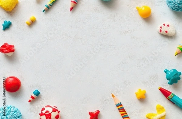 Fototapeta Colorful stationery and candies arranged in a circle, creating a frame on a light background
