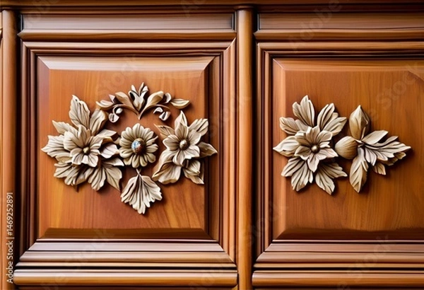 Fototapeta Intricately carved wooden furniture adorned with elegant low-relief floral motifs, showcasing fine craftsmanship and beauty.
