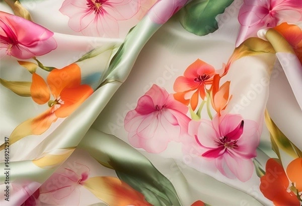 Fototapeta Soft luxurious silk fabric featuring an elegant floral pattern, offering a gentle and refined texture.
