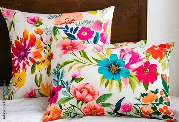 Fototapeta pillow with a vibrant, beautiful floral-patterned cover, adding a lively touch to any room.
