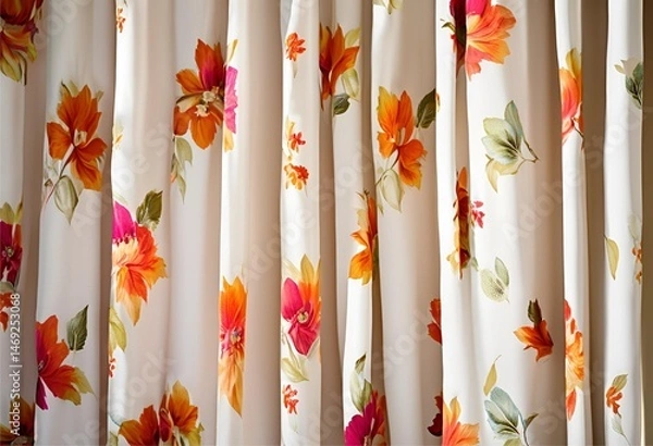 Fototapeta Floral-patterned curtains in a cozy living room, creating a warm, soft, and inviting atmosphere.
