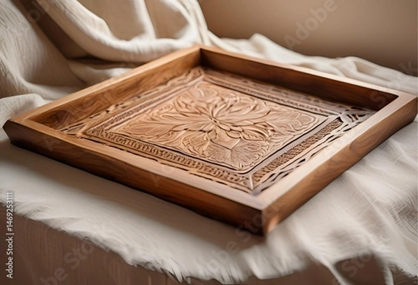 Fototapeta Beautifully hand-carved tray crafted from genuine solid hardwood, showcasing intricate patterns and natural texture.

