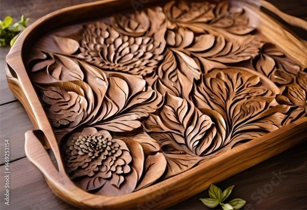 Fototapeta Beautifully hand-carved tray crafted from genuine solid hardwood, showcasing intricate patterns and natural texture.
