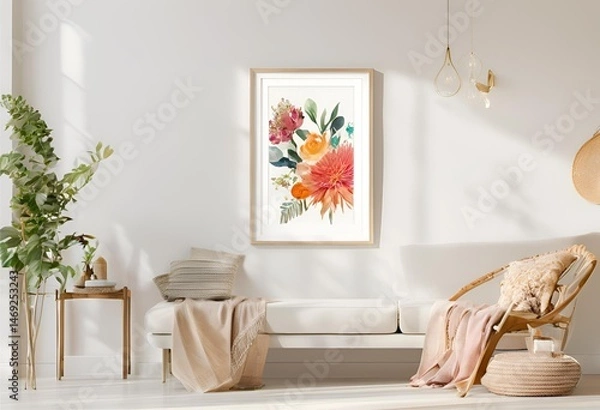 Fototapeta cozy living room featuring floral picture frames, creating a peaceful and inviting atmosphere.

