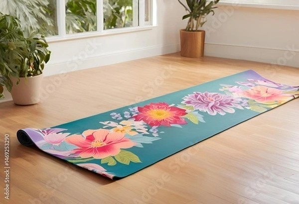 Fototapeta Thin soft mat for yoga and Pilates vibrant floral design perfect for exercise and comfort.
