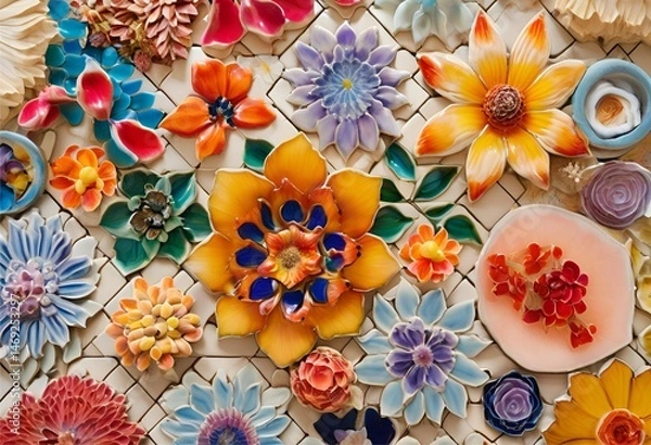 Fototapeta Low-relief floral tiles glazed in bright, multicolored finishes add charm, texture, and artistic decorative flair.
