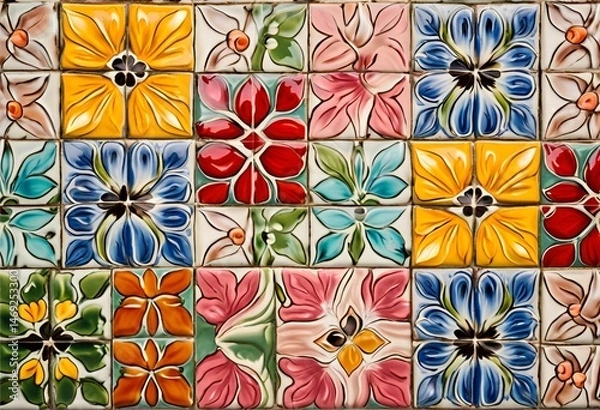 Fototapeta Low-relief floral tiles glazed in bright, multicolored finishes add charm, texture, and artistic decorative flair.
