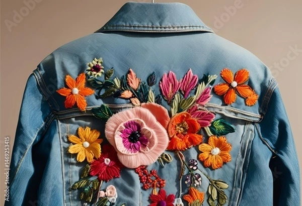 Fototapeta Delicate floral embroidery stitched onto thick navy blue fabric, creating a richly textured and elegant surface.
