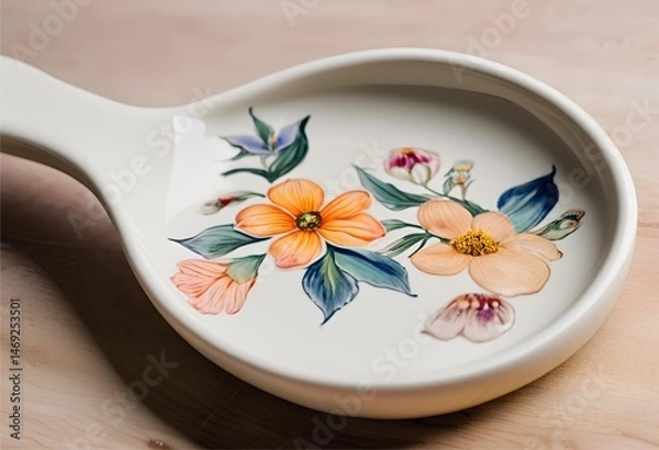 Fototapeta Delicately hand-painted ceramic spoon featuring a vibrant floral pattern, perfect for charming table settings.
