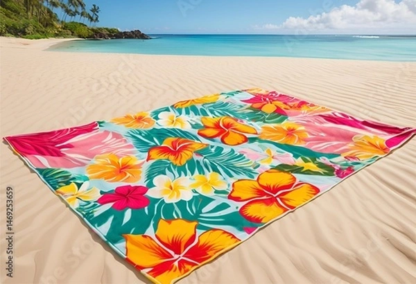 Fototapeta Floral-patterned beach mat, ideal for sitting on sand, providing comfort and style by the sea.
