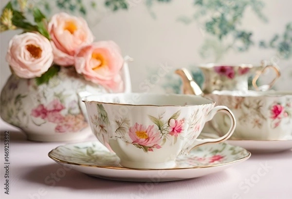 Fototapeta Beautiful floral ceramic tea and coffee set, elegant design.
