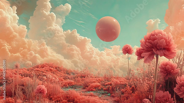 Fototapeta Pink Flower Field. Fantasy Cloud Sky AI generative 