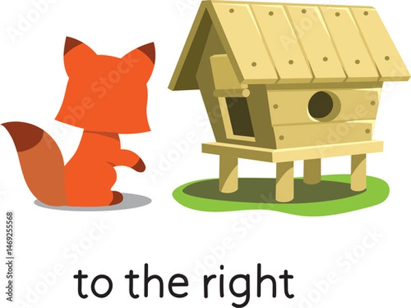 Obraz Preposition. The henhouse TO THE RIGHT of the fox