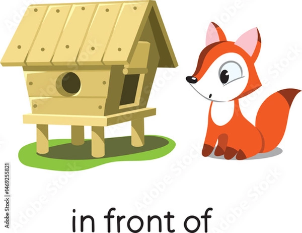 Obraz Preposition of place. Fox IN FRONT OF the henhouse