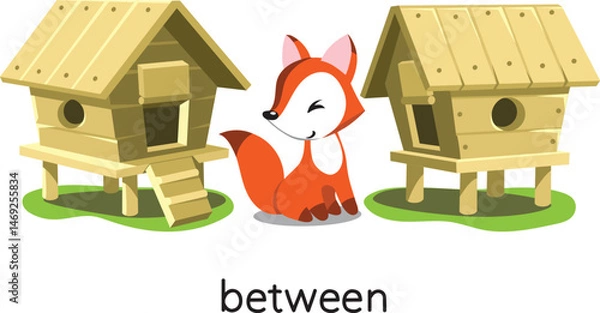 Obraz Preposition of place. Fox BETWEEN the henhouses