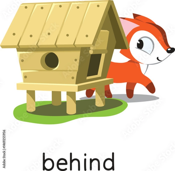 Obraz Preposition of place. Fox BEHIND the henhouse