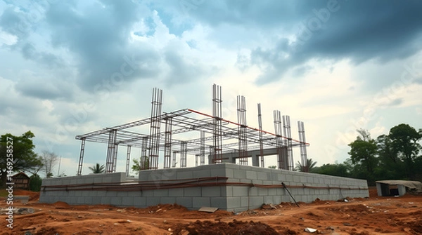 Fototapeta Building foundation under construction with steel frame and cloudy sky