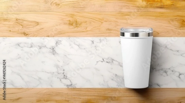 Fototapeta A top-view mockup of a tumbler with a customizable graphic, sitting on a textured background like a wooden desk or marble surface.