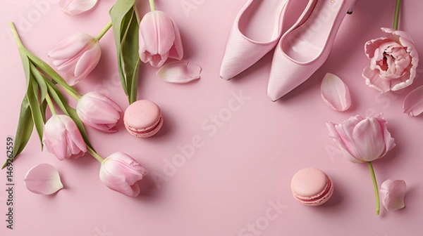 Fototapeta Pink pointe shoes on a pink background, Ballet Day banner from Copy Space	
