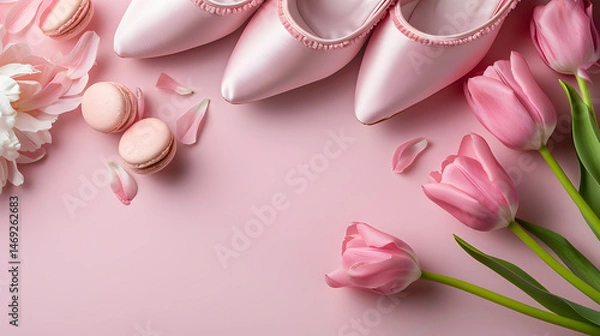 Fototapeta Pink pointe shoes on a pink background, Ballet Day banner from Copy Space