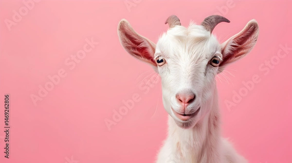Fototapeta Close-up portrait of a white goat on a pink background with copy space