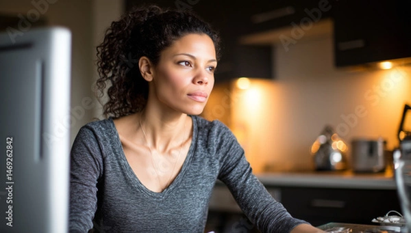 Obraz Thoughtful Woman Working on Computer at Home, Woman Operates a Computer