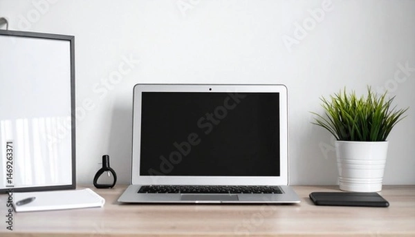 Obraz シンプルなオフィスのデスクに置かれたノートパソコン