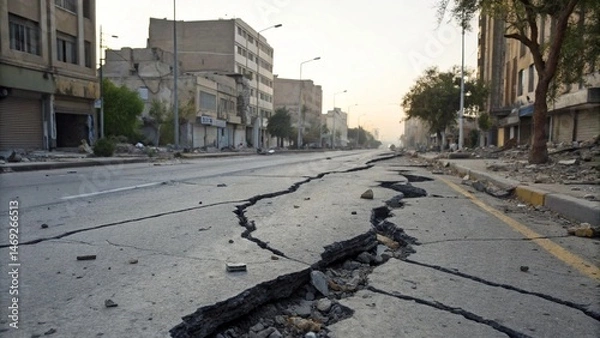 Obraz Realistic Post Earthquake Urban Scene with Deep Cracks Fallen Debris and Overcast Sky