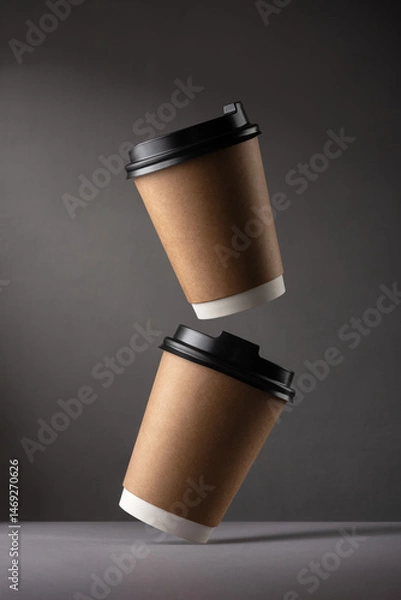 Obraz Flying paper coffee cups on dark background in minimalist style