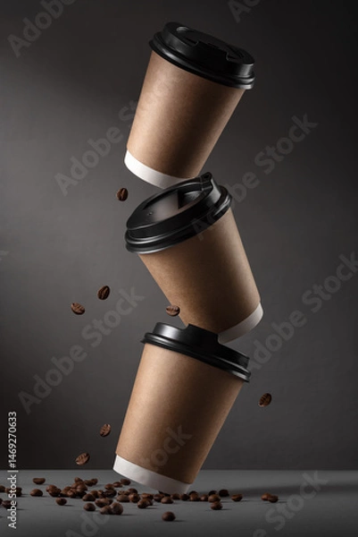 Obraz Flying paper coffee cups with roasted beans on dark background in minimalist style