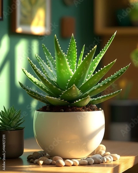 Obraz Statement Aloe in White Pot with Lava Rocks