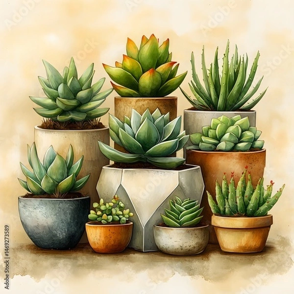Obraz Watercolor Succulent Arrangement Sketch