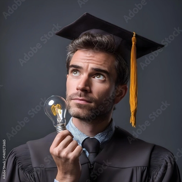 Fototapeta Graduate pondering ideas with light bulb in hand
