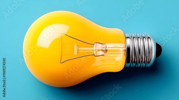 Fototapeta Bright yellow light bulb on a turquoise background