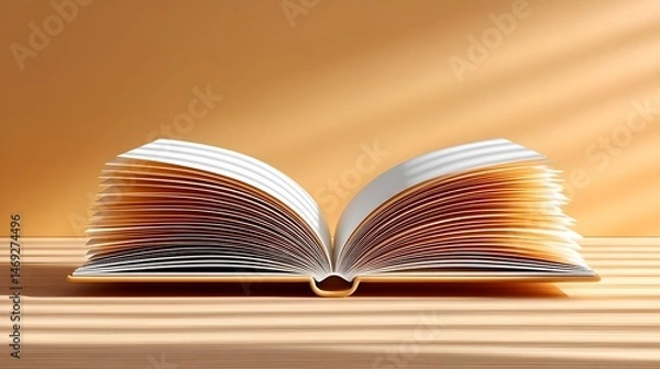 Fototapeta Open book with illuminated pages on a wooden surface