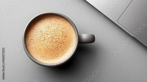 Fototapeta Close-up of a frothy coffee cup beside a laptop