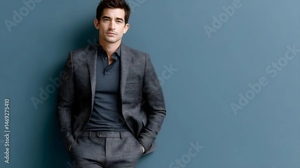 Fototapeta Stylish man in a tailored suit against a blue backdrop