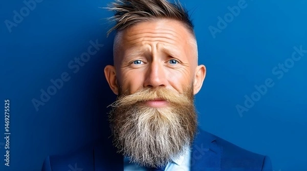 Fototapeta Confident man with a stylish beard in a blue suit