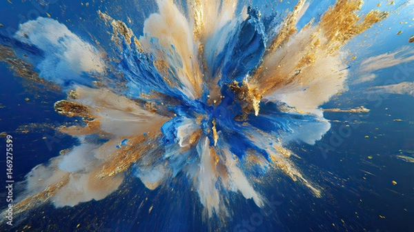 Fototapeta Paint explosion. Blue gold and white colors AI generative