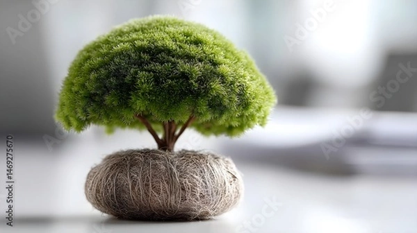 Fototapeta Artistic bonsai plant with textured base in soft focus