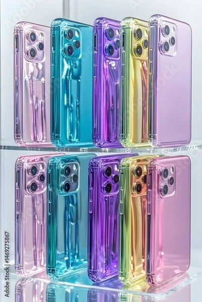 Fototapeta A display of eight colorful phone cases, showcasing various shades of blue, green, purple, pink, and yellow. The cases are arranged in two rows, showcasing different designs